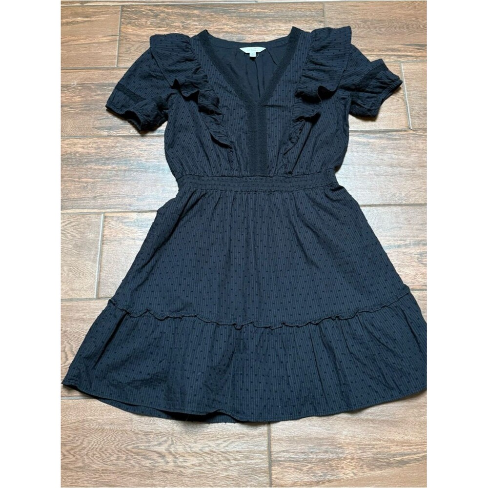 LC Lauren Women's S Conrad V-Neck Ruffle Mini Dress Black Clip Dot